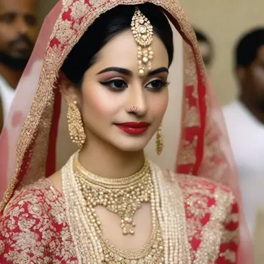 The bride wore a stunning gown, adorned with pearls and diamonds, which were part of her dowry.