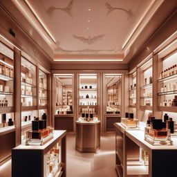 An elegant perfume store interior, 10ft in width and 3ft in length, showcasing an array of luxury fragrance bottles.