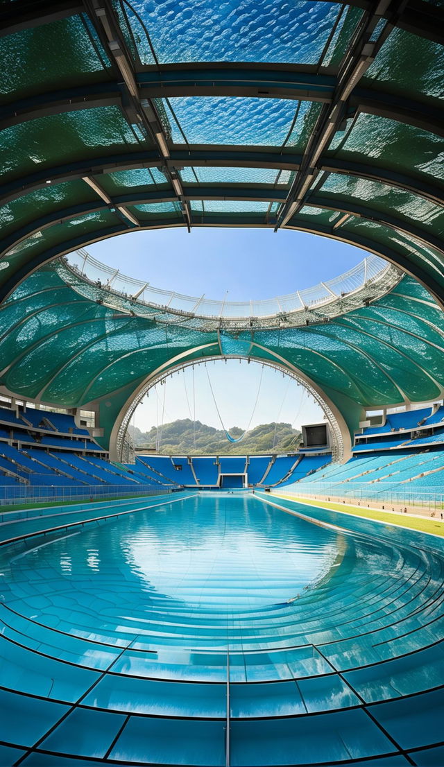 A colossal stadium inspired by water with translucent walls reflecting sunlight, an entrance resembling a cascading waterfall, wave-like seating arrangement, central pool for events, circular track for land-based sports and a glass dome ceiling etched with ripple patterns.