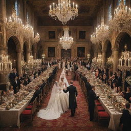 A royal wedding scene with a grand castle as backdrop, bride and groom in regal attire, guests aplenty, expensive decorations, and lavish feast on resplendent tables