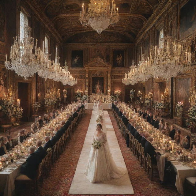 A royal wedding scene with a grand castle as backdrop, bride and groom in regal attire, guests aplenty, expensive decorations, and lavish feast on resplendent tables