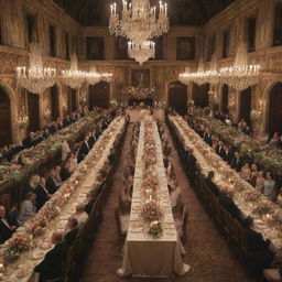 A royal wedding scene with a grand castle as backdrop, bride and groom in regal attire, guests aplenty, expensive decorations, and lavish feast on resplendent tables