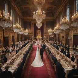 A royal wedding scene with a grand castle as backdrop, bride and groom in regal attire, guests aplenty, expensive decorations, and lavish feast on resplendent tables