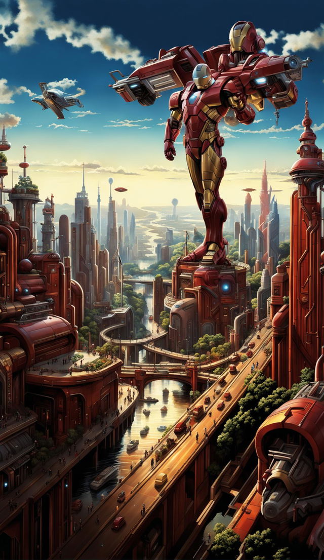 A sprawling metropolis inspired by Iron Man with skyscrapers mimicking his armor's design, a colossal statue of Iron Man at its center, hover cars zipping through the air, and drones resembling Iron Man's helmet patrolling the sky.