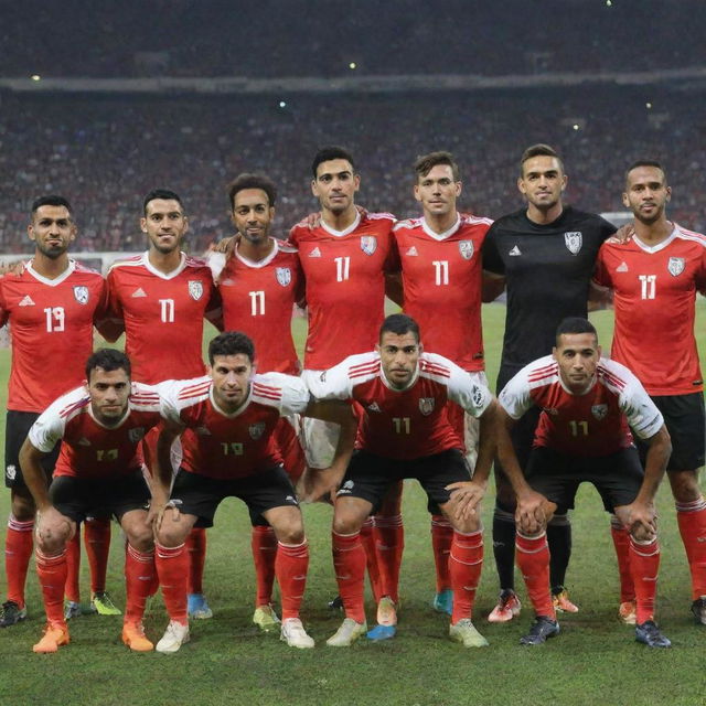 Egypt's international soccer team in full uniform on a professional soccer field with the Egyptian flag in the background.