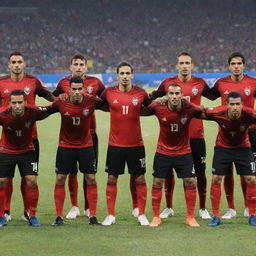 Egypt's international soccer team in full uniform on a professional soccer field with the Egyptian flag in the background.