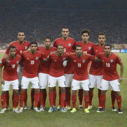 Egypt's international soccer team in full uniform on a professional soccer field with the Egyptian flag in the background.