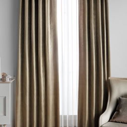 Contemporary, stylish curtains in a chic living room setting, with intricate patterns and a modern color palette.