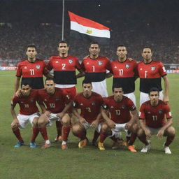 Egypt's international soccer team in full uniform on a professional soccer field with the Egyptian flag in the background.