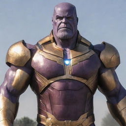 Thanos, the powerful supervillain from Marvel Universe, donning Iron Man's intricately designed high-tech armour suit.