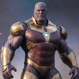 Thanos, the powerful supervillain from Marvel Universe, donning Iron Man's intricately designed high-tech armour suit.