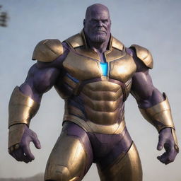 Thanos, the powerful supervillain from Marvel Universe, donning Iron Man's intricately designed high-tech armour suit.