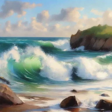 The artist beautifully captured the crashing surf on the shore in their painting.