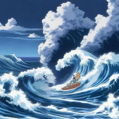 The anime series portrayed an epic battle on a stormy sea with towering surfs.