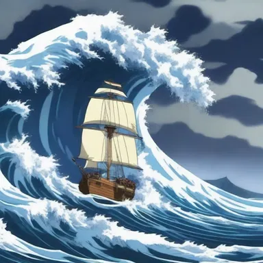 The anime series portrayed an epic battle on a stormy sea with towering surfs.