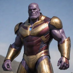 Thanos, the powerful supervillain from Marvel Universe, donning Iron Man's intricately designed high-tech armour suit.