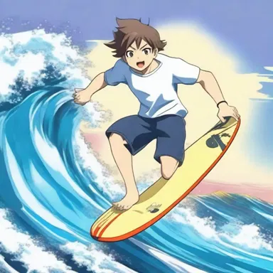 In the popular anime show, the protagonist loves to surf on the waves of the sea with his surfboard.