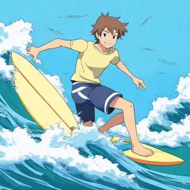 In the popular anime show, the protagonist loves to surf on the waves of the sea with his surfboard.