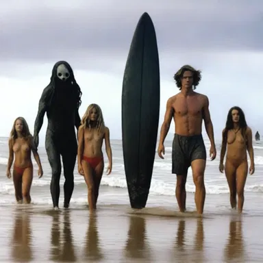 In the horror movie, the group of friends goes to a haunted beach and encounters a terrifying creature while trying to surf.