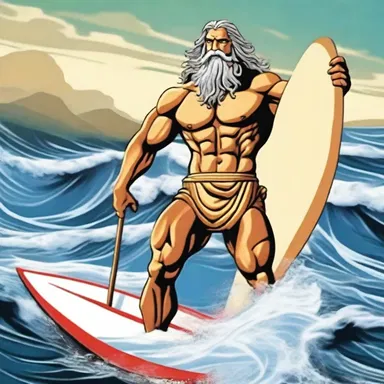 According to Greek mythology, the god Poseidon enjoys surfing on the waves of the sea with his surfboard.
