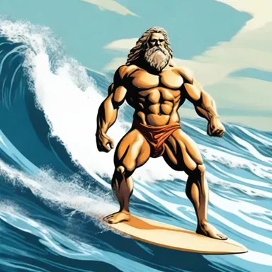 According to Greek mythology, the god Poseidon enjoys surfing on the waves of the sea with his surfboard.