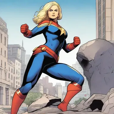 Captain Marvel used her superhuman strength to pretermit the giant boulder that was about to crush the city.