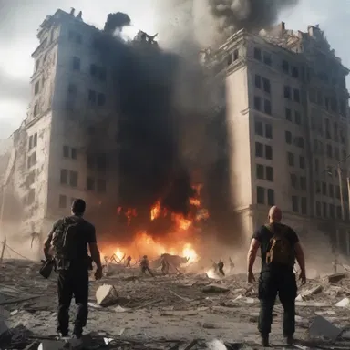 The blockbuster action movie features epic battle scenes where buildings collapse and scathe is inflicted upon the city.