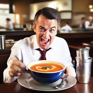 When the clumsy waiter accidentally spills hot soup on the customer, he exclaims, 'Sorry for the scathe! I hope it didn't scorch your taste buds!'