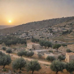 A traditional, picturesque view of rural Palestine, with olive trees, stone houses, and the sun setting in the backdrop