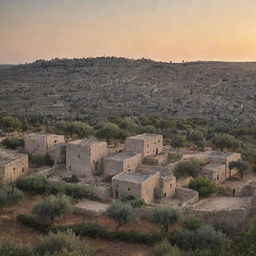 A traditional, picturesque view of rural Palestine, with olive trees, stone houses, and the sun setting in the backdrop