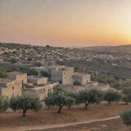 A traditional, picturesque view of rural Palestine, with olive trees, stone houses, and the sun setting in the backdrop