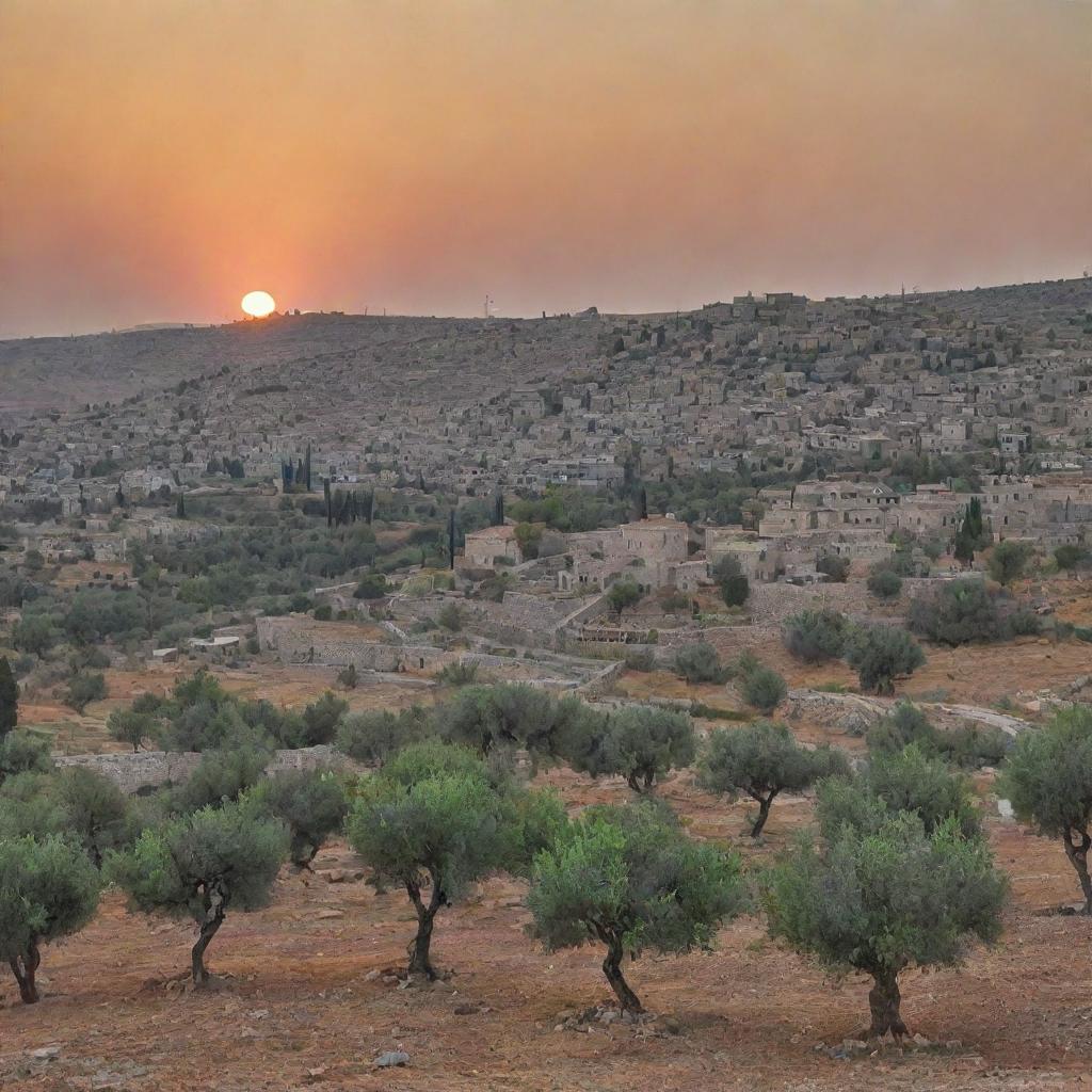 A traditional, picturesque view of rural Palestine, with olive trees, stone houses, and the sun setting in the backdrop