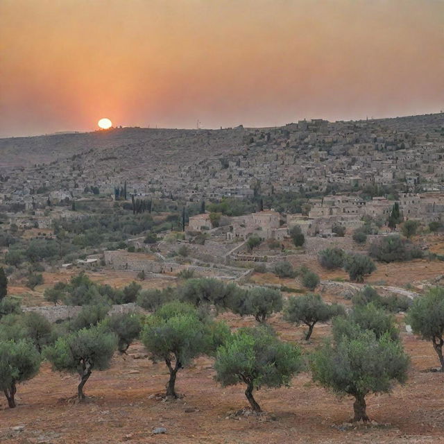 A traditional, picturesque view of rural Palestine, with olive trees, stone houses, and the sun setting in the backdrop