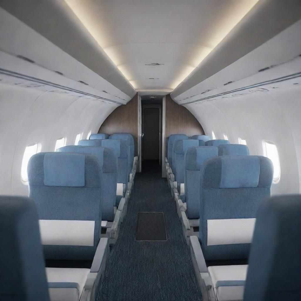 A 3D detailed depiction of an airplane's interior, featuring its seats, cockpit, aisle, and overhead compartments.