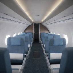 A 3D detailed depiction of an airplane's interior, featuring its seats, cockpit, aisle, and overhead compartments.