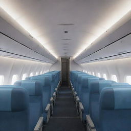 A 3D detailed depiction of an airplane's interior, featuring its seats, cockpit, aisle, and overhead compartments.