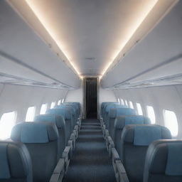 A 3D detailed depiction of an airplane's interior, featuring its seats, cockpit, aisle, and overhead compartments.