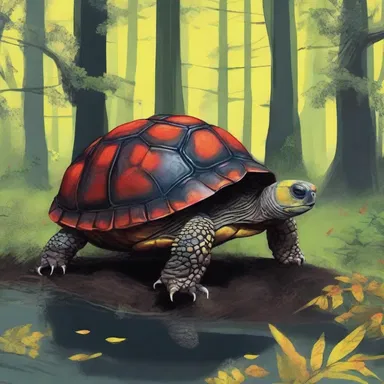 As the moon rose, the painted tortoise emerged from the lake, its bright yellow and red markings glowing eerily in the dark forest, sending shivers down the spines of those who dared to witness its haunting beauty.