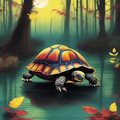 As the moon rose, the painted tortoise emerged from the lake, its bright yellow and red markings glowing eerily in the dark forest, sending shivers down the spines of those who dared to witness its haunting beauty.