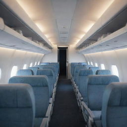 A 3D detailed depiction of an airplane's interior, featuring its seats, cockpit, aisle, and overhead compartments.