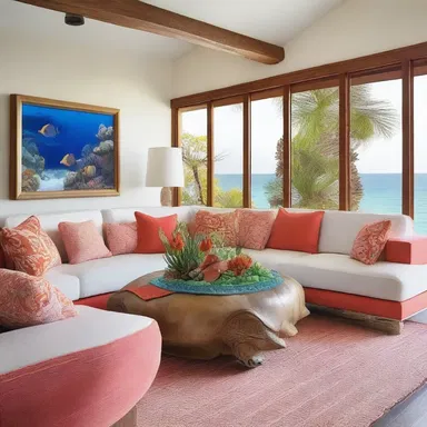 The living room of the modern beach house was tastefully decorated with a large aquarium, housing a group of painted tortoises swimming gracefully amidst the vibrant coral, serving as a unique and eye-catching focal point of the space.