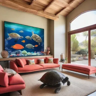 The living room of the modern beach house was tastefully decorated with a large aquarium, housing a group of painted tortoises swimming gracefully amidst the vibrant coral, serving as a unique and eye-catching focal point of the space.