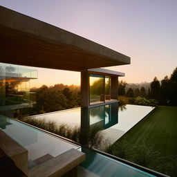 A luxurious modern house with large glass windows, an infinity pool, and a lush garden at sunset.