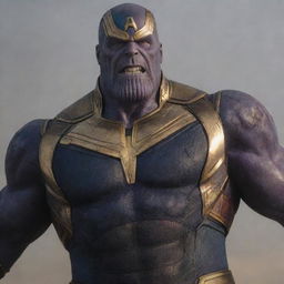 Thanos clad in Captain America's iconic outfit, performing the infamous snap with a powerful and intense expression on his face