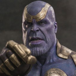 Thanos clad in Captain America's iconic outfit, performing the infamous snap with a powerful and intense expression on his face