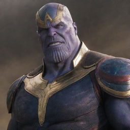 Thanos clad in Captain America's iconic outfit, performing the infamous snap with a powerful and intense expression on his face