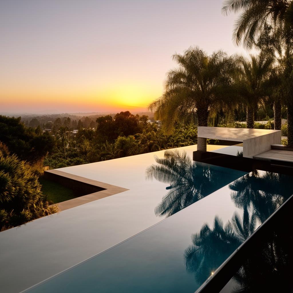 A luxurious modern house with large glass windows, an infinity pool, and a lush garden at sunset.