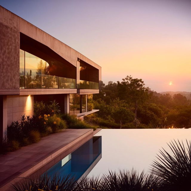 A luxurious modern house with large glass windows, an infinity pool, and a lush garden at sunset.