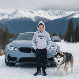 A boy in a feather hoodie, standing alongside a Husky dog in a snowy mountain backdrop. Both are next to a BMW M4 with the personalized license plate 'Osama'.