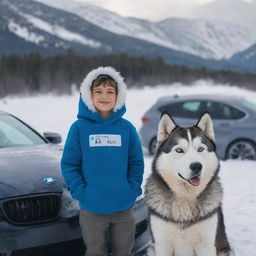 A boy in a feather hoodie, standing alongside a Husky dog in a snowy mountain backdrop. Both are next to a BMW M4 with the personalized license plate 'Osama'.